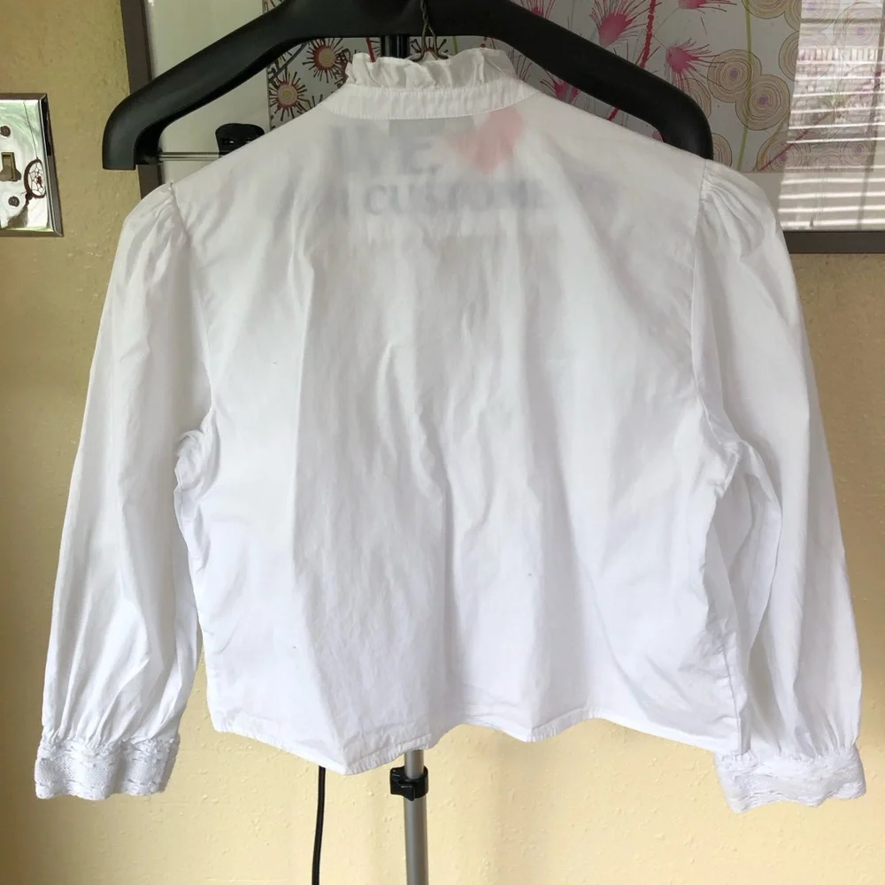 Zara Cotton Crop Puff Sleeve Blouse XS White Lace Button Front Romantic